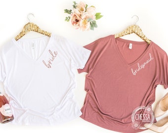 Bachelorette Party Shirts, Custom Bride Shirt, Bridesmaids, Mauve & Rose Gold, Vneck Slouchy V-Neck Bridesmaid Getting Ready Shirt Set 8815