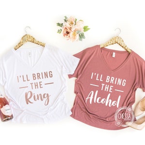 Bachelorette Party Shirts, Custom Bride Shirt, Mauve & Rose Gold Slouchy V-Neck Bridesmaid Getting Ready Shirt Set, 8815 Bella+Canvas