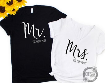 Mr and Mrs Couples Shirts for Honeymoon, Wedding Gift, Husband & Wife Shirt, Just Married, Feminine VNeck for Mrs.