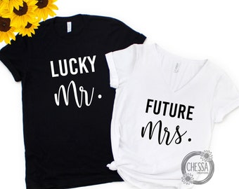 Couples Shirts for Honeymoon, Mr and Mrs, Future Mrs. Lucky  Mr., Wedding Gift, Husband & Wife Shirt, Just Married, Feminine VNeck for Mrs.