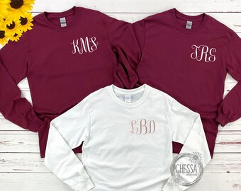 Long Sleeve Bachelorette Party Shirts, Custom Monogram Bride Shirt, Bridesmaids Set, Getting Ready, Reherseal Dinner, Winter, Jerzees 29LSR