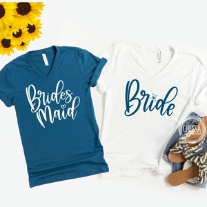 Bachelorette Party Shirts, Bride Bridesmaid Vneck Shirts, Bridesmaids, Deep Teal V-Neck Shirt Set, 3005 Bella+Canvas