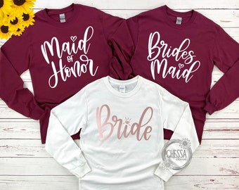 Long Sleeve Bachelorette Party Shirts, Custom Bride Shirt, Bridesmaids Set, Getting Ready Shirts, Reherseal Dinner, Winter, Jerzees 29LSR