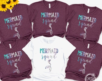 Custom Bridesmaid Shirts, Mermaid Squad, Bachelorette Party Getting Ready Shirt Set, Summer, Beach Bach, Florida, Heather Maroon 3001