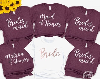 Bridesmaid Shirts for Bachelorette Party, Custom, Bridesmaids, Brides Crew Getting Ready Shirt Set Heather Maroon & Rose Gold 3001 Bella