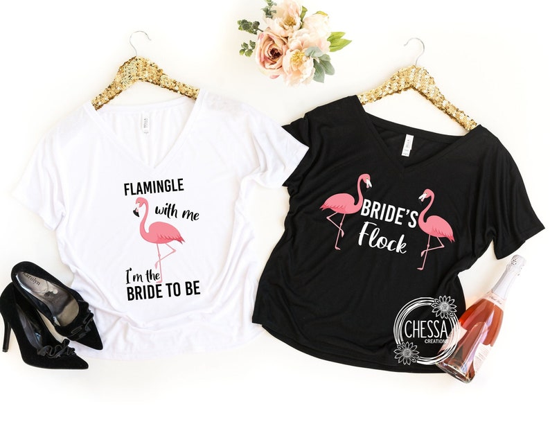 Flamingo Bachelorette Party Shirts, Summer Beach Luau, Final Flamingle, Custom Bride Shirt, Bridesmaids, Black & White, 8815 Slouchy V-Neck image 1