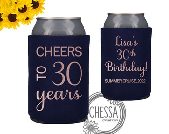 30th Birthday Gift for Her, Small Gift, Cheers to 30 Years Cozie, Custom Monogram, Decorations, Navy, Rose Gold