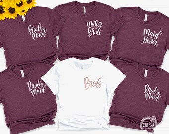 Personalisiertes Brautjungfer T-Shirt, Junggesellinnenabschied Trauzeugin & Braut T-Shirt, Crew, die Bereit-Shirt-Set Heather Maroon und Rose Gold 3001