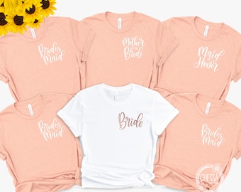 Custom Bridesmaid Shirts, Bachelorette Party Maid of Honor & Bride Shirt, Crew Getting Ready Shirt Set Peach and Rose Gold 3001