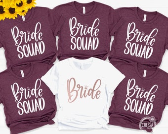 Custom Bridesmaid Shirts, Bachelorette Party Bride Squad & Bride Shirt, Crew Getting Ready Shirt Set Heather Maroon and Rose Gold 3001
