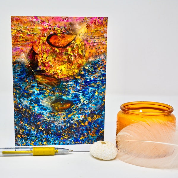 Gentle Guidance Art Card / Blank Card / Spiritual Art / Feather Art Card / Encaustic Painting / Mixed Media / Fine Art Card