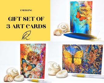 Emerging/Art Cards Gift Set of 3/Butterfly Note Cards/Blank Greeting Cards/Butterfly Stationary/Butterflies Gift Cards/Metamorphisis