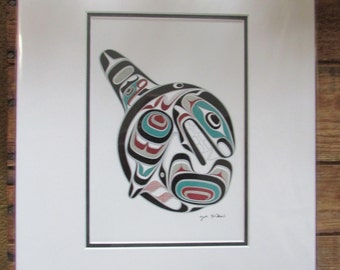 Impression d'art « KILLER WHALE » de l'artiste du groupe autochtone des tribus Cowichan, Joe Wilson 30,5 x 30,5 cm, avec passe-partout et prêt à être encadré