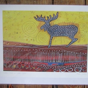 NIEUWE kunstkaart "Green Moose in Yellow Light" door First Nations-kunstenaar Alan Syliboy 6x9" blanco binnenkant w/envelop Made in Canada (#POD715)