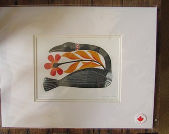 FLORAL PASSAGE matted loon art print by Inuit artist Kenojuak Ashevak  11"x14"  Made in Canada