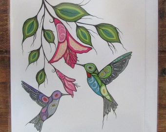 New "CREE HUMMINGBIRDS" by Metis/Cree Artist Carla Joseph art card 6"X9" blank inside with envelope  Made in Canada (#2612)