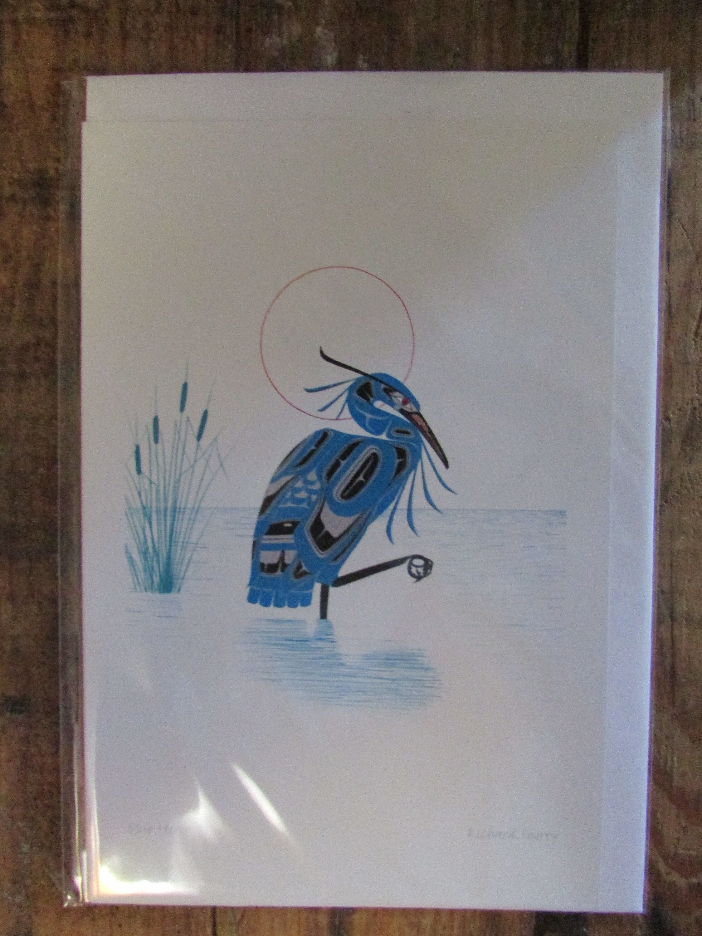 New "BLUE HERON" art card by Northern Tuchone artist Richard Shorty  6" x 9" with envelope - blank inside (#20072)