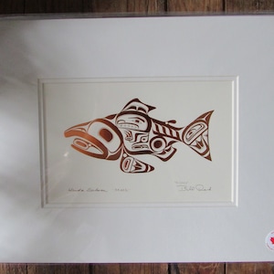 Embossed Copper art print "HAIDA SALMON - SKAAGI"  by Haida artist Bill Reid  11" x 14" Matted