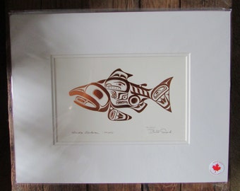 Embossed Copper art print "HAIDA SALMON - SKAAGI"  by Haida artist Bill Reid  11" x 14" Matted