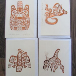 BILL REID 4 cartes artistiques haïdas CUIVRE en relief Épaule-loup Aigle castor vierges à l'intérieur de 6 x 9 pouces avec enveloppe