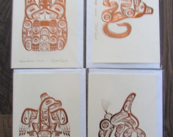BILL REID 4 Embossed Haida COPPER art cards  Killer Whale Wolf Eagle Beaver    Blank inside 6"x9" with envelope