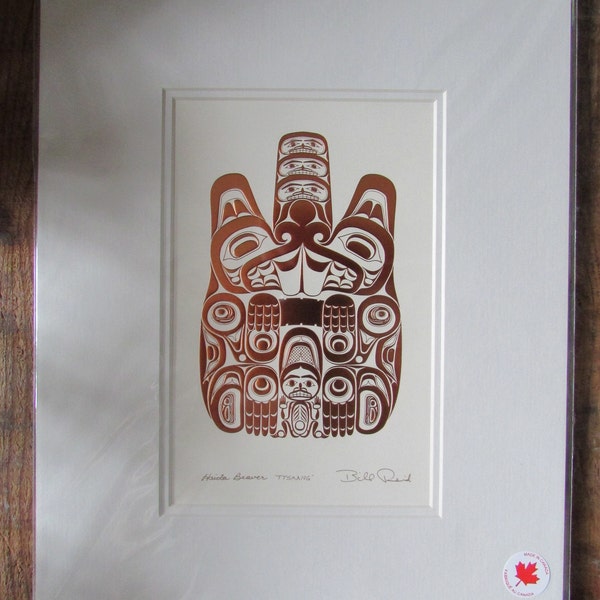 Embossed Copper art print "HAIDA BEAVER - TTSAANG"  by Haida artist Bill Reid  11" x 14" Matted