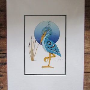 New &quot;BLUE HERON&quot; art print by Cowichan Tribes Native Band artist Joe Wilson  11&quot; x 14&quot; Matted
