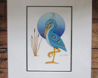 New "BLUE HERON" art print by Cowichan Tribes Native Band artist Joe Wilson  11" x 14" Matted