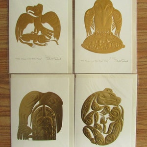 4 geprägte Bill Reid Kunstkarten - Raven and the First Men * Bärenmutter * Raven Steals Sun * Adler & Frosch