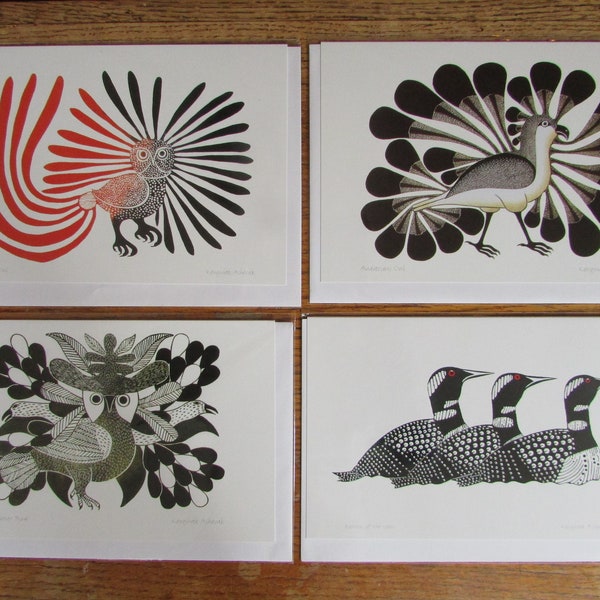 4er Set Kunstkarten von Inuit Künstler Kenojuak Ashevak Inuit • Eule Vogel Loons