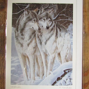 Nueva tarjeta de arte lobos "COMPANIONS" de Amneris Fernandez 6"x9" tarjeta en blanco con sobre sobre en papel reciclado hecho en Canadá