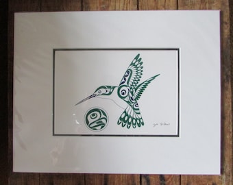 "Neuer "HuMMINGBIRD" Kunstdruck von Cowichan Tribes Native Band Künstler Joe kunst 11" x 14" Mattiert."