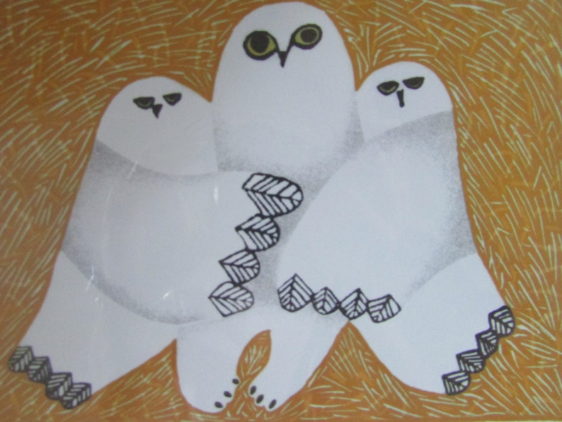 New OWL's CUDDLE, 2015 art card by Inuit artist Ningeokuluk Teevee 6x9 blank inside w/envelope 1096 Made in Canada image 2