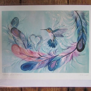 Novo cartão de arte "HUMMINGBIRD FEATHERS" da Metis/Cree Artist Carla Joseph 6"X9" em branco dentro com envelope Feito no Canadá (#2594))