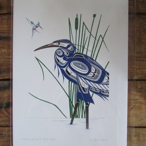 New &quot;HUMMINGBIRD & BLUE HERON&quot; art card by Northern Tuchone artist Richard Shorty  6&quot; x 9&quot; with envelope - blank inside