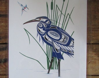 New "HUMMINGBIRD & BLUE HERON" art card by Northern Tuchone artist Richard Shorty  6" x 9" with envelope - blank inside