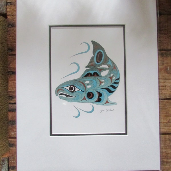 New "SPAWNING SALMON" art print by Cowichan Tribes Native Band artist Joe Wilson  11" x 14" Matted