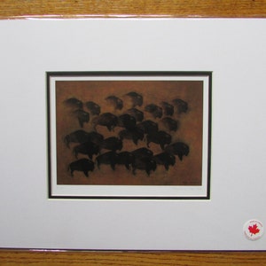May include: An art print featuring a herd of bison in a brown landscape. The bison are depicted in dark tones, creating a contrast against the lighter background. The artwork is matted and framed, ready for display.