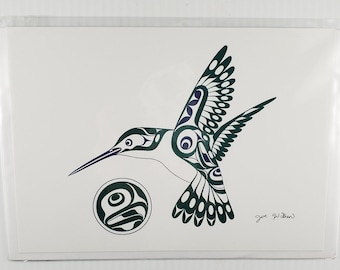 New "HUMMINGBIRD" art card by Cowichan Tribes Native Band artist Joe Wilson  6" x 9" with envelope and blank inside