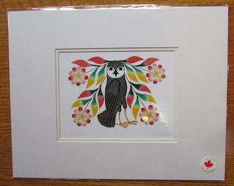 NOUVELLE estampe d'art "Owl's Bouquet, 2007" de l'artiste inuit Kenojuak Ashevak Matted 11x14 Fabriqué au Canada