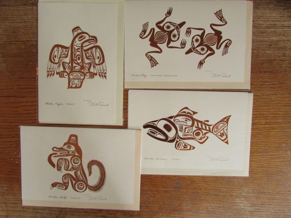 4 New Copper BILL REID Art Cards killer whale*eagle*salmon*raven HAIDA