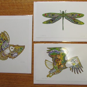 Nouvelle œuvre d’art autochtone cherokee « Chouette effraie » « Pygargue à tête blanche » « Libellule » cartes d’art par Sue Coccia 6&quot;x9 » vierges à l’intérieur avec enveloppes Fabriqué au Canada