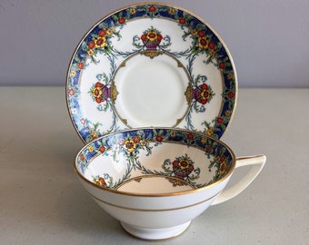 Antique Mintons China Tea Cup and Saucer Blue Gold and Floral Swag
