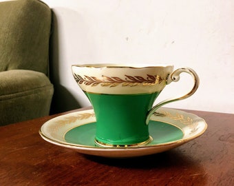 Vintage Aynsley Bone China Green and Gold Tea Cup and Saucer