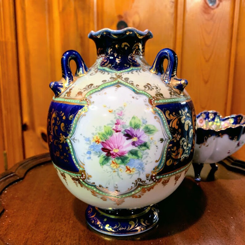 Vintage Hand Painted Victorian Style Cobalt Blue Vase And Footed Candy Dish Fine Art Ceramics Art Collectibles Baby Land Co Il