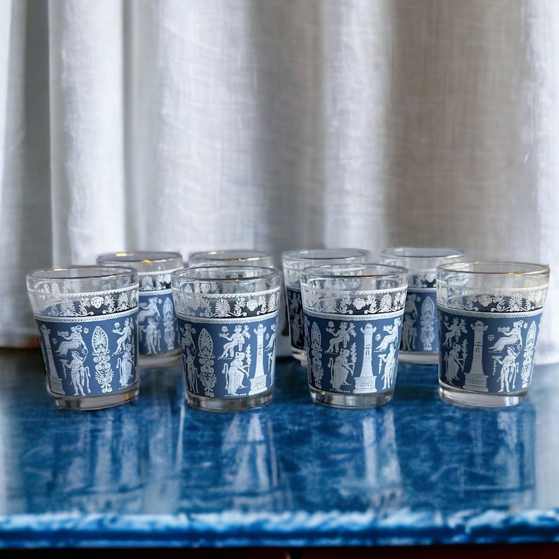 Vintage Jeannette Glass Corinthians Blue Whiskey Glasses Lot of 8 Shot Glasses image 1