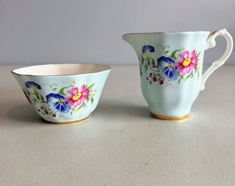 Vintage Royal Grafton China Sugar and Creamer Robins Egg Blue Floral Pattern