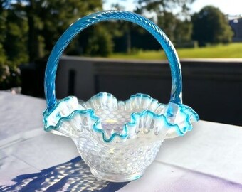 Vintage Fenton Glass Aqua Crest French Opalescent Hobnail Basket Signed