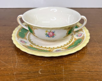 Vintage Myott Staffordshire Bouillon Soup Cup and Saucer Green Band Floral