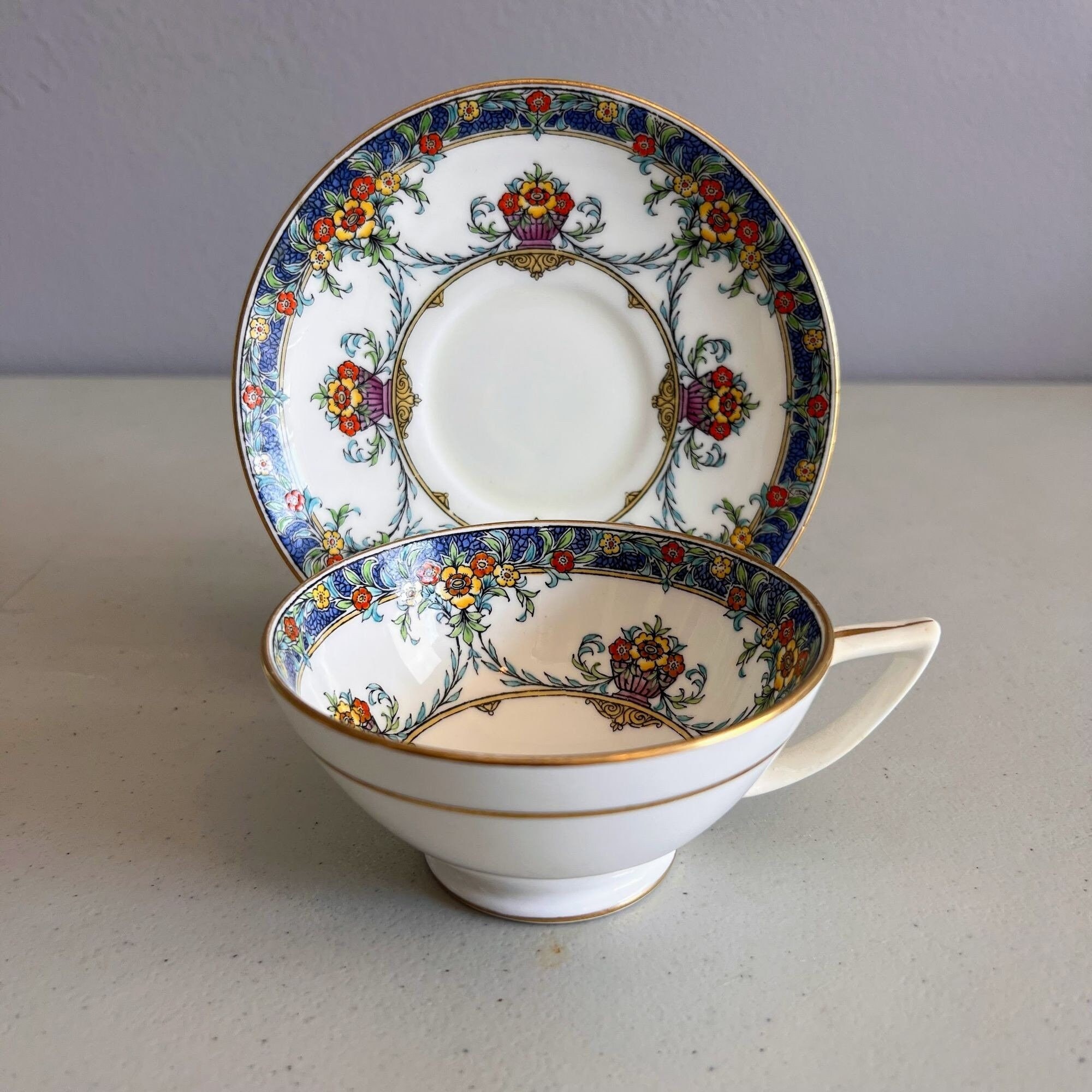 Antique Mintons China Tea Cup and Saucer Blue Gold and Floral Etsy